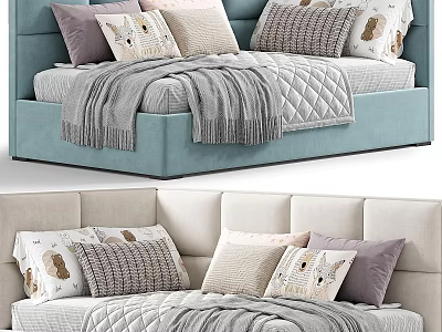 Comfortable Kids Bed With Soft Upholstered Headboard Plush Pillows And Cozy Blanket 3d model