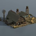 Rustic Farm Landscape With Wooden Barn Windmill Water Towers And Hay Bales