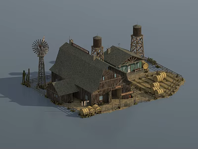 Rustic Farm Landscape With Wooden Barn Windmill Water Towers And Hay Bales 3d model