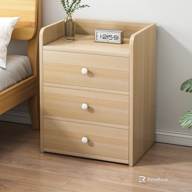 Simple Light Wooden Bedside Table With Three Drawers White Knobs Next To Bed 3d model 