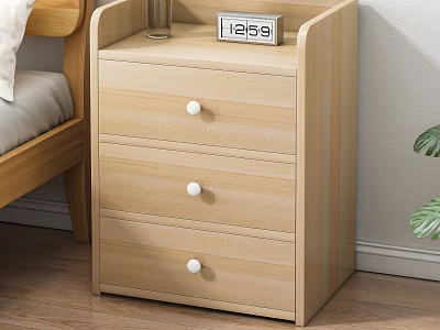 Simple Light Wooden Bedside Table With Three Drawers White Knobs Next To Bed 3d model