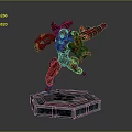 Red Mecha Game Movie Character In Battle Stance On Hexagonal Base With Glowing Mechanical Details