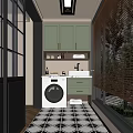Green Balcony Cabinet with Washing Machine Bamboo Blinds and Geometric Floor Tiles in Modern Balcony