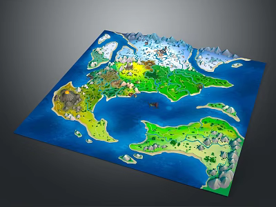 Cartoon Style World Map with Colorful Land Regions Mountains Islands and Blue Ocean 3d model
