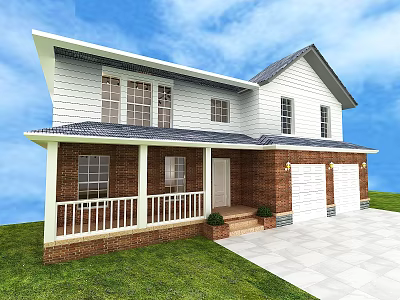 Two Story Detached House With White Siding Brick Base Porch Two Car Garage Green Lawn 3d model