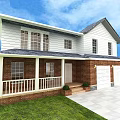 Two Story Detached House With White Siding Brick Base Porch Two Car Garage Green Lawn