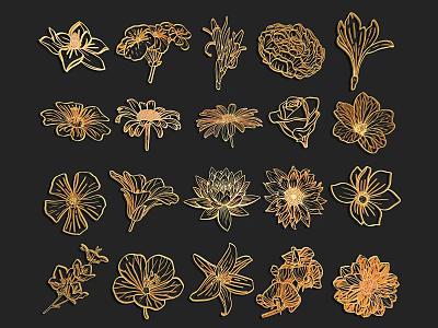 Elegant Golden Floral Carvings With Delicate Engraved Designs On Black Background 3d model