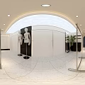 Modern SOLO Strutter Retail Store With Arched Doorways Display Windows Mannequins Dark Curtains Circular Sign