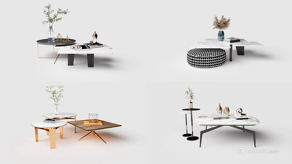Stylish Modern Coffee Tables With Marble Tops Metal Frames And Decor Items 3d model