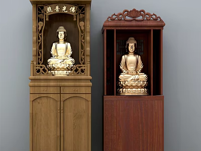 Elegant Traditional Wooden Buddhist Shrine Cabinet Featuring Gold Buddha Statue Inside 3d model