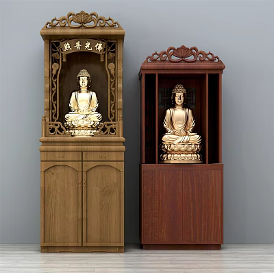 Elegant Traditional Wooden Buddhist Shrine Cabinet Featuring Gold Buddha Statue Inside 3d model