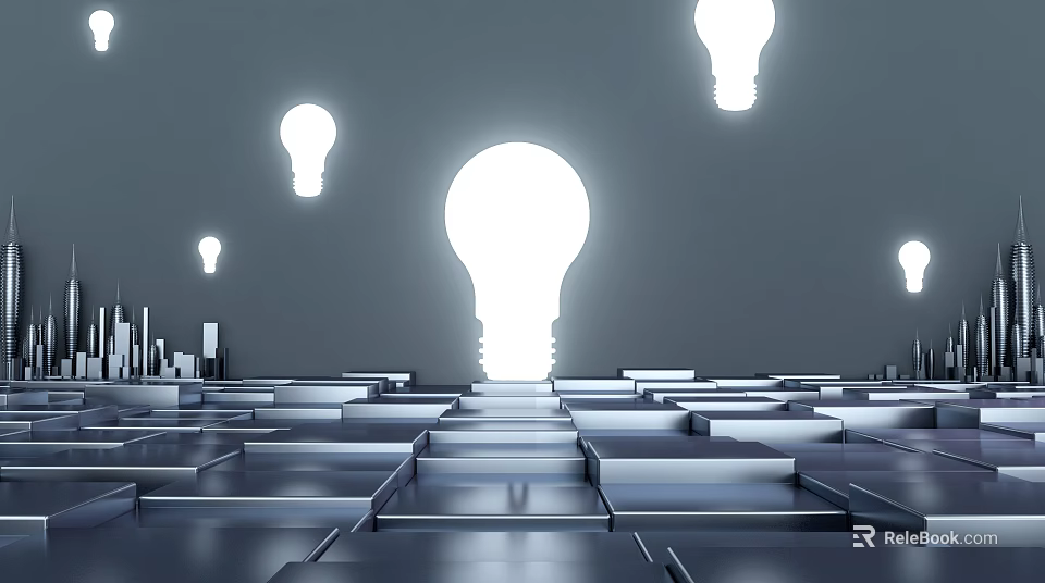 Abstract Tech Cartoon Scene With Glowing Light Bulbs Geometric Platforms And City Silhouettes 3d model 