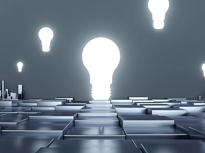 Abstract Tech Cartoon Scene With Glowing Light Bulbs Geometric Platforms And City Silhouettes 3d model