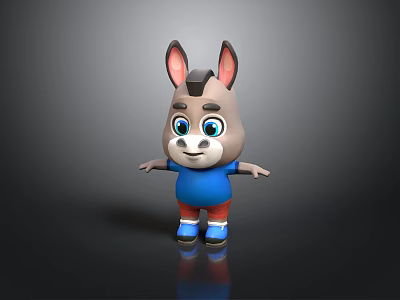 Cartoon Donkey With Gray Body Big Ears Blue Eyes Blue Shirt Red Shorts And Reflection 3d model