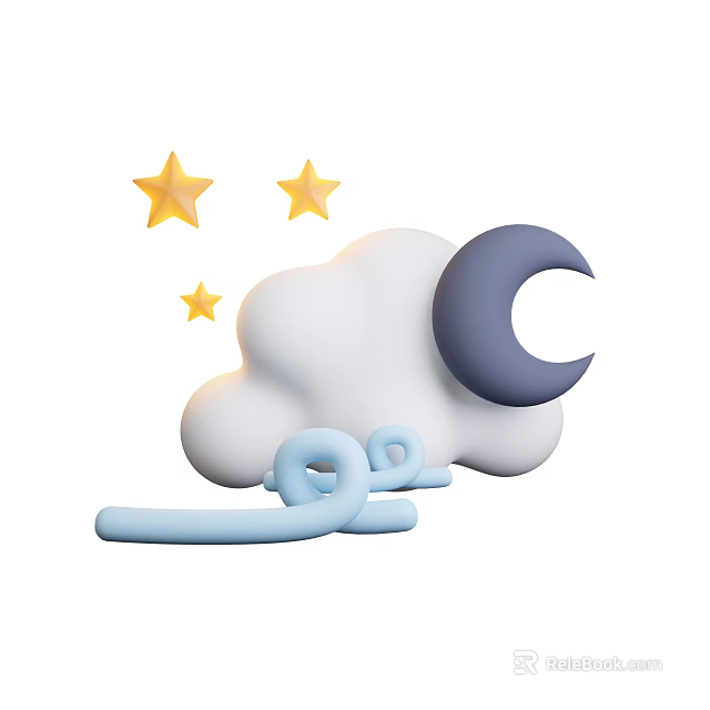 Adorable Cloud Design With Crescent Moon Golden Stars And Blue Ribbons 3d model 