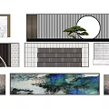 Modern Feature Wall Design With Circular Element Pine Tree Landscape Painting Marble Texture And Lattice 3d model