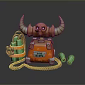 Unique Skull Shaped Backpack With Horns Orange Color Green Cylindrical Accessories And Rope Decoration