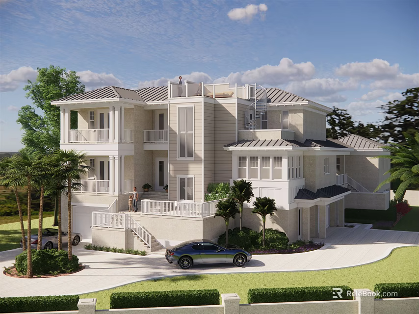 Single Family Home Modern Exterior Design Featuring Landscaped Garden Trees Lawn And Driveway 3d model 