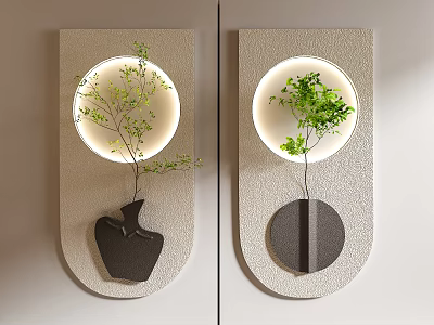 Modern Wall Decor Featuring Illuminated Circular Design Green Plants And Decorative Bases 3d model