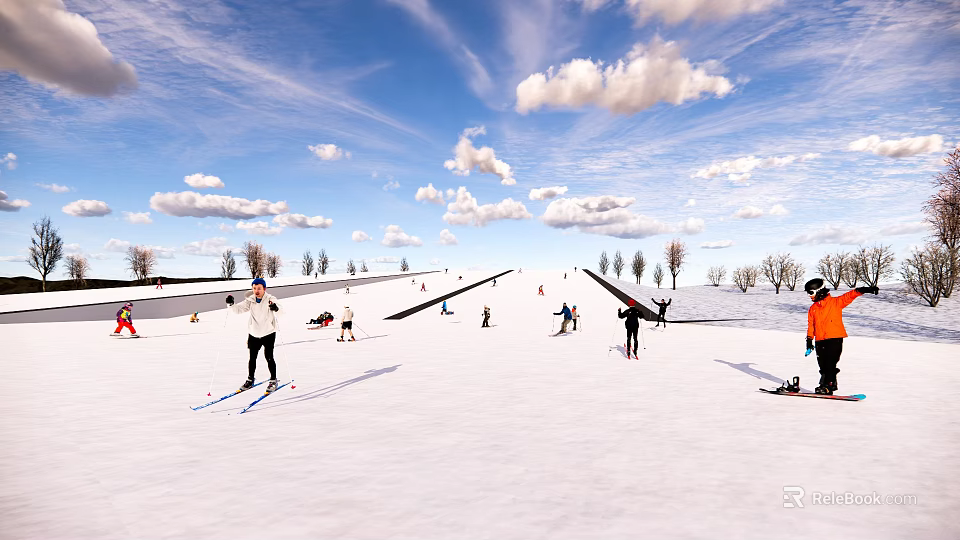 People Skiing And Snowboarding On Sunny Ski Slope With Cloudy Sky 3d model 
