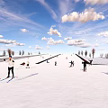 People Skiing And Snowboarding On Sunny Ski Slope With Cloudy Sky