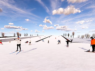 People Skiing And Snowboarding On Sunny Ski Slope With Cloudy Sky 3d model