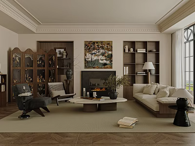 Elegant Living Room Interior With Cozy Sofa Armchairs Fireplace Artwork And Bookshelves 3d model