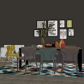 Modern Dining Table Set With Colorful Chairs Decorative Wall Art And Patterned Rug 3d model