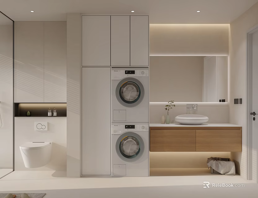 Modern Bathroom Interior Design With Stacked Washer Dryer Vanity And Mirror 3d model 