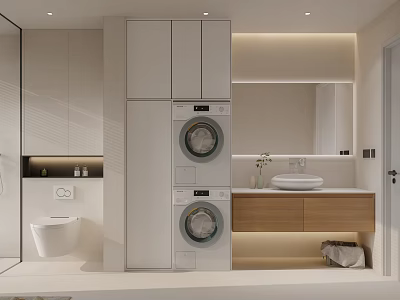 Modern Bathroom Interior Design With Stacked Washer Dryer Vanity And Mirror 3d model