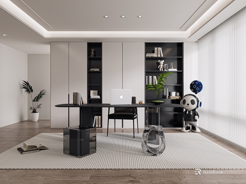 Modern Study Room With Desk Bookshelves And Decor 3d model 