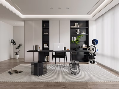 Modern Study Room With Desk Bookshelves And Decor 3d model