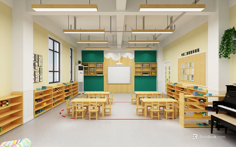 School Classroom Interior With Wooden Desks Green Cabinets Whiteboard Bookshelves And Windows 3d model 
