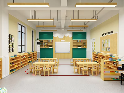 School Classroom Interior With Wooden Desks Green Cabinets Whiteboard Bookshelves And Windows 3d model