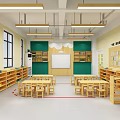 School Classroom Interior With Wooden Desks Green Cabinets Whiteboard Bookshelves And Windows