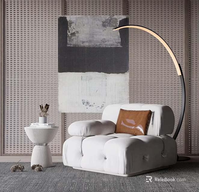 White Single Sofa With Tufted Design Arched Floor Lamp Abstract Painting And Small Round Table 3d model 