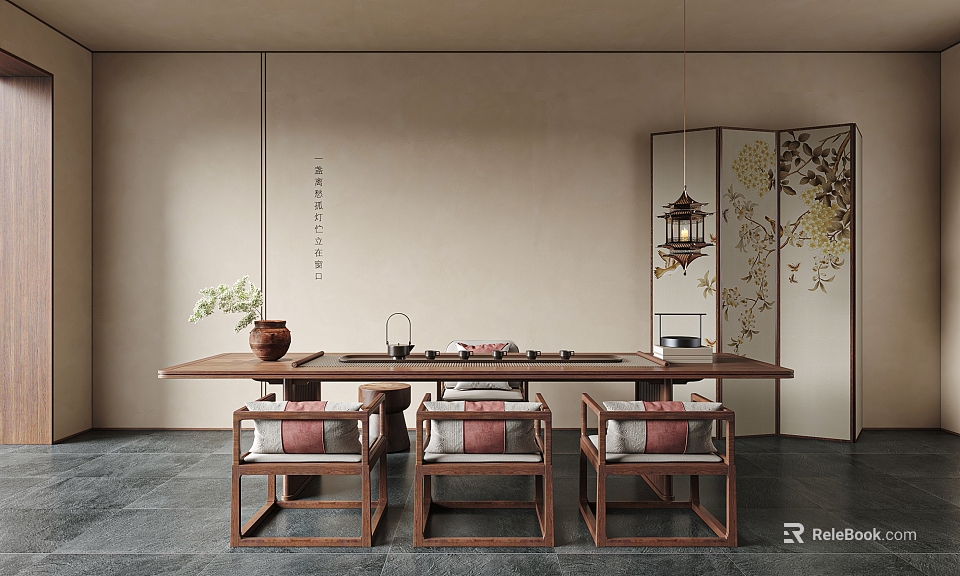 Traditional Tea Room Interior With Wooden Table Cushioned Chairs Hanging Lantern Calligraphy And Floral Screen 3d model 