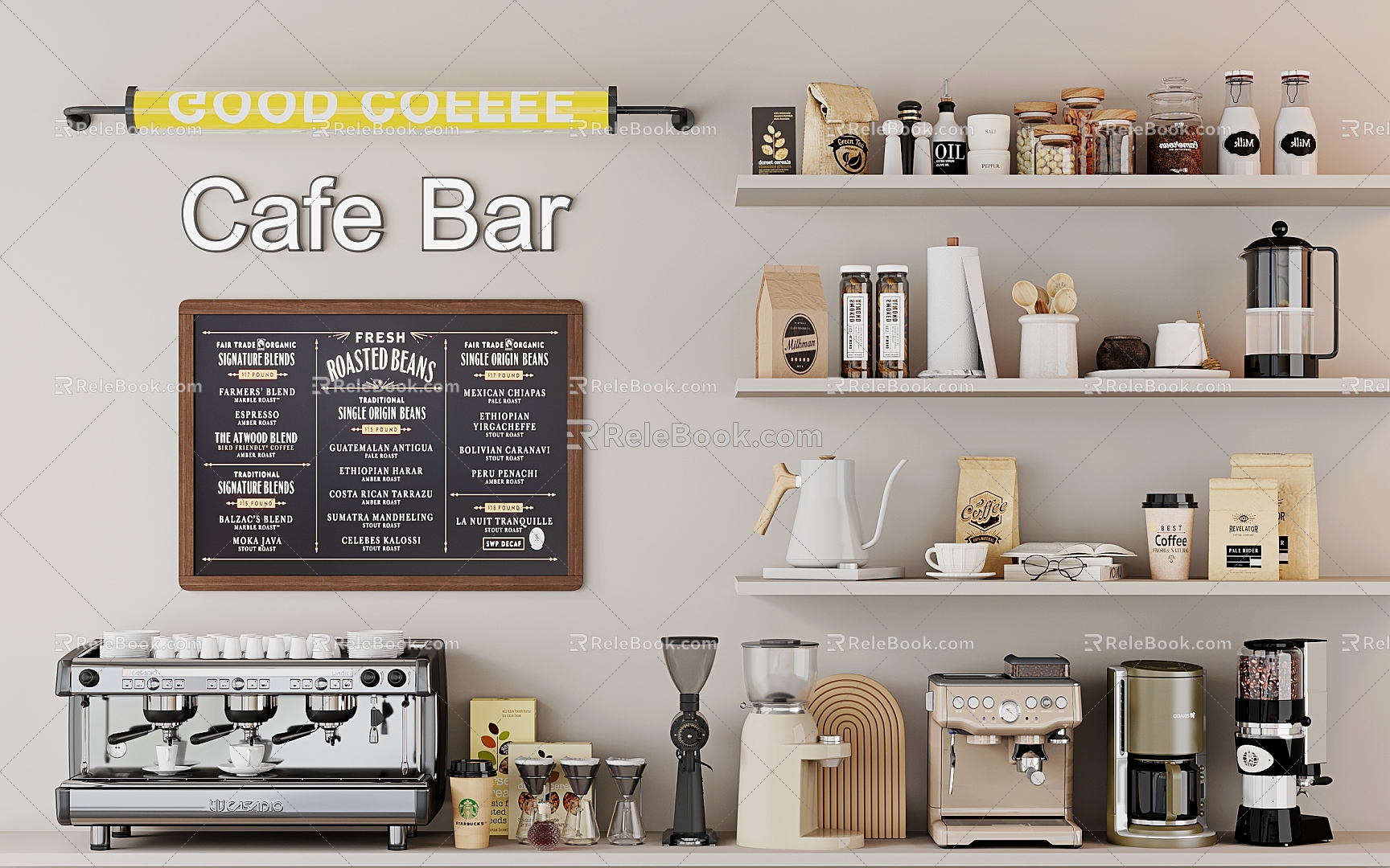 Modern Coffee Supplies Coffee Machine Coffee Cup Coffee Bag Light Box Blackboard Kitchen Supplies Kitchen Appliances 3d model