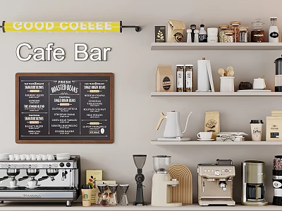 Coffee Kitchenware And Equipment In Cafe Bar Setup 3d model