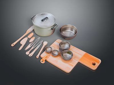 Essential Kitchen Tools Set Pot Lid Stainless Steel Bowl Wooden Spoons Knives Cutting Board 3d model