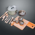 Essential Kitchen Tools Set Pot Lid Stainless Steel Bowl Wooden Spoons Knives Cutting Board