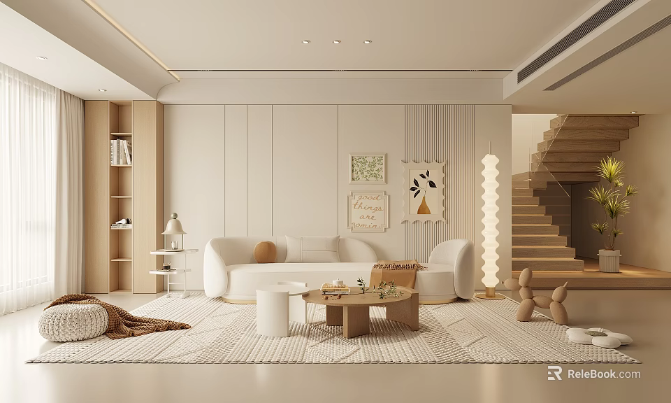 Modern Living Room Interior With White Sofa Wooden Coffee Table Area Rug And Decorative Paintings 3d model 