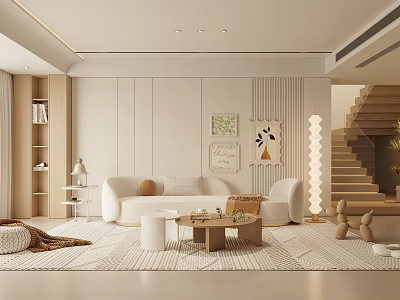 Modern Living Room Interior With White Sofa Wooden Coffee Table Area Rug And Decorative Paintings 3d model