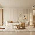 Modern Living Room Interior With White Sofa Wooden Coffee Table Area Rug And Decorative Paintings