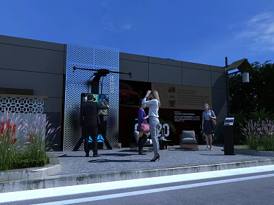 Modern public building exterior with people interacting and decorative facade plants 3d model