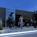 Modern public building exterior with people interacting and decorative facade plants