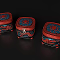 Traditional Ornamental Decor Set With Three Dragon Patterned Boxes Red Lids Black Bodies Red Feet
