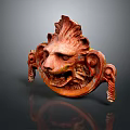 Red Lion Head Sculpture With Intricate Patterns On Dark Background And Reflection