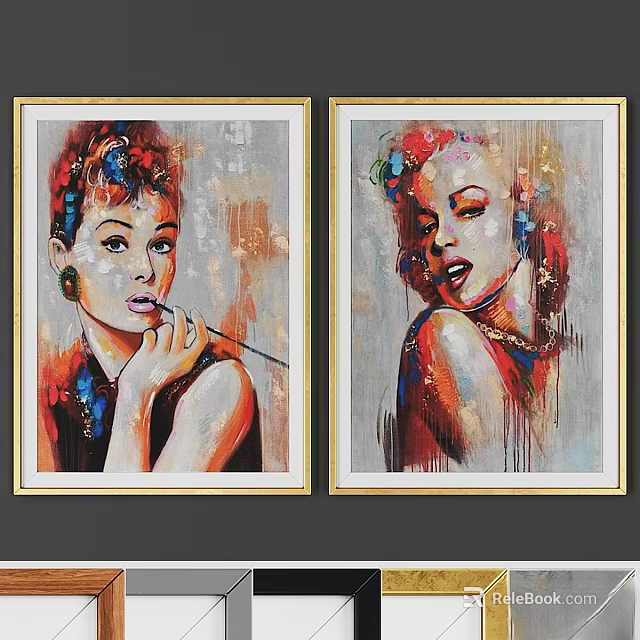 Double Golden Border Photo Frames with Colorful Artistic Portrait Paintings for Home Decor 3d model 