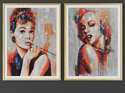 Double Golden Border Photo Frames with Colorful Artistic Portrait Paintings for Home Decor 3d model